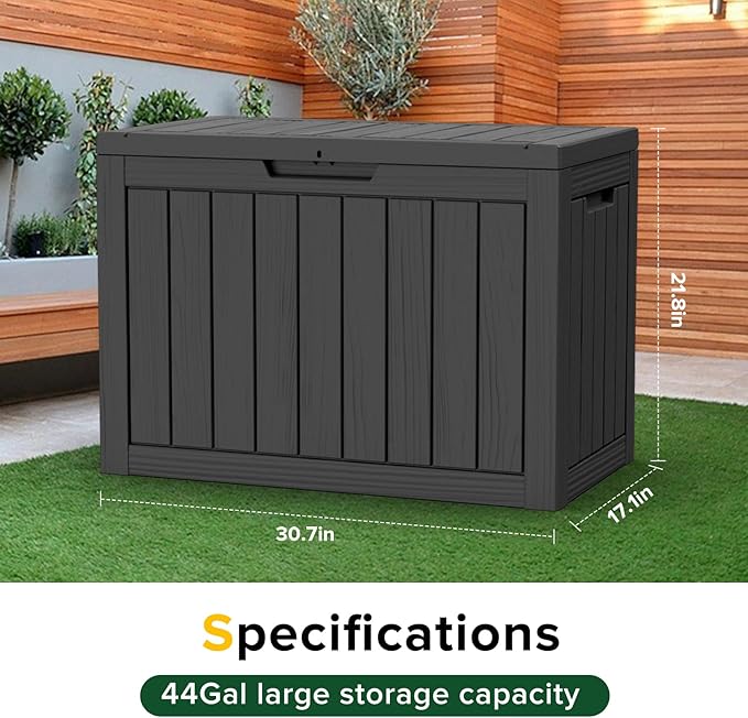 44 Gallon Outdoor Deck Box, Lockable Waterproof Outdoor Storage Boxes For Garden Tools,Indoor Cushions,Accessories Outside Storage Resin Weatherproof Container(Black)