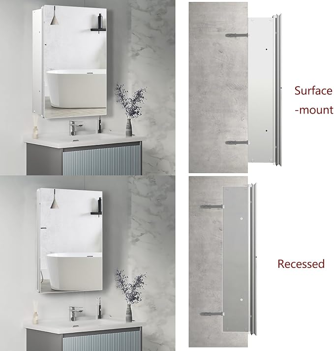 Bathroom Medicine Cabinet, 24x36 inch Mirror Cabinet of Aluminum, Assembly Needed, Surface Mount or Recessed, Medicine Cabinet with Mirror, Adjustable Glass Shelves, Waterproof for Bathroom