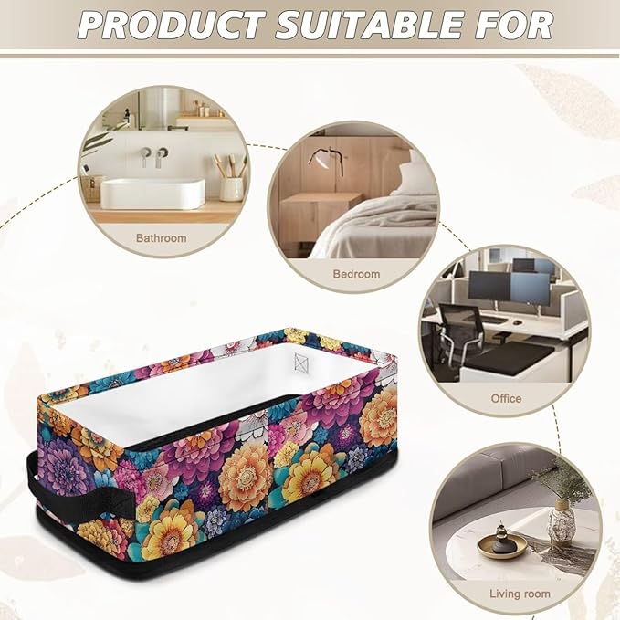 Narrow Storage Bins Bathroom Essentials Organizer Basket Rectangular Collapsible Storage Container for Organizing Toilet Paper Towels Bathroom Accessories, Bohemia Floral Print