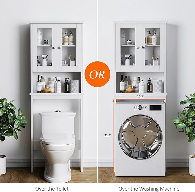Meilocar Over The Toilet Storage Cabinet for Bathroom, White Storage Organizer Over Toilet, Space Saver with Tempered Glass Doors, White