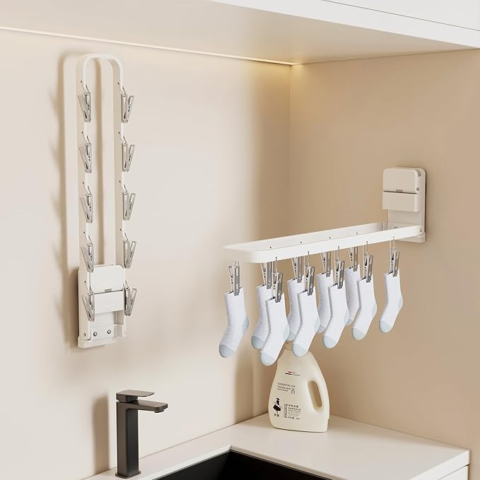2 Pack Wall Mounted Suction Cup Clothes Drying Rack with 20 Clips, Portable & Collapsible Sock Hanger for Drying Socks, Bras, Underwear, Baby Clothes,Towels