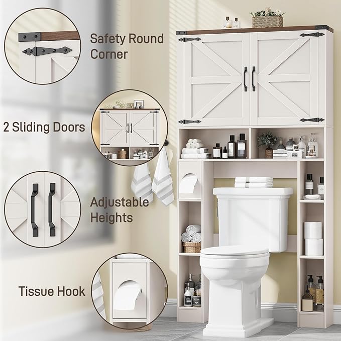 Vabches Over The Toilet Storage Cabinet, Farmhouse Storage Cabinet Over Toilet with 2 Barn Doors ，Toilet Paper Holder Stand，Home Space-Saving Toilet Rack, for Laundry, Restroom, Bathroom