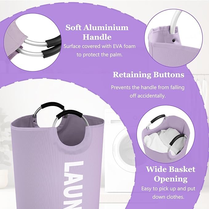2Pack 125L Extra Large Laundry Baskets, Collapsible Laundry Hamper with Soft Handles, Dirty Clothes Basket in 600D Oxford Fabric, Sturdy Clothes Hampers for Travel, Family, Purple + Pink