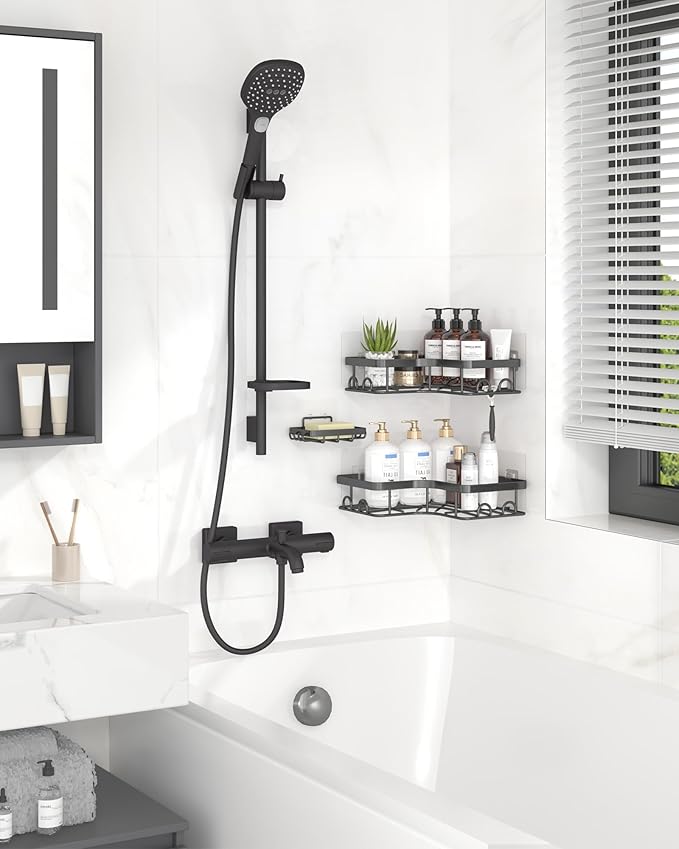 Corner Shower Caddy - 3-Pack Shower Organizer with Soap Holder & Built-In Hooks, Rustproof Metal Shower Shelves, Laundry, Kitchen, Bathroom Organizers and Storage Solution, Large, Black