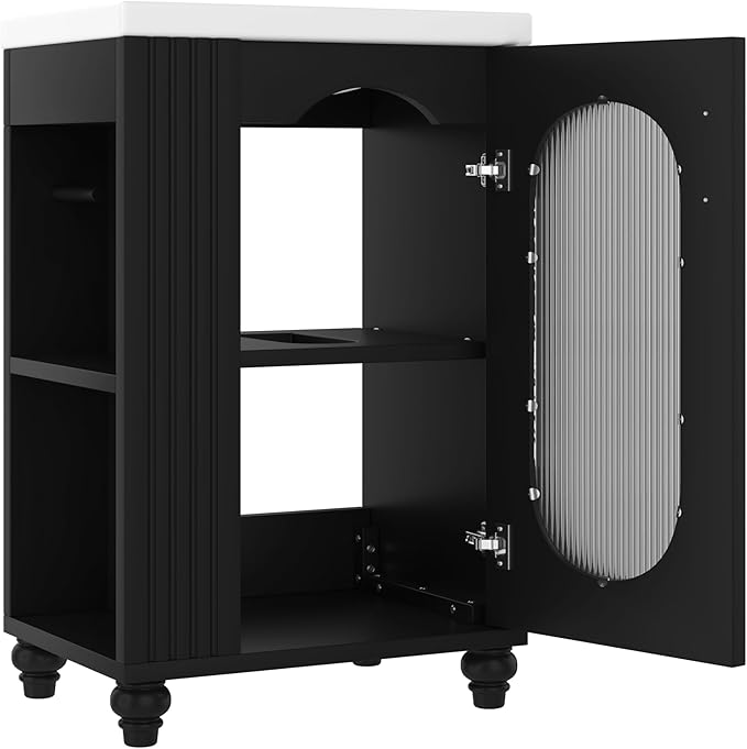 20" Small Bathroom Vanity with Sink and Glass Door,Storage Shelf & Toilet Paper Holder,Solid Wood & MDF Modern Single Bathroom Sink Cabinet with Glass Door Freestanding,Black