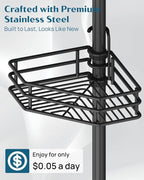 SEIRIONE Corner Shower Caddy Tension Pole, Quick Setup, Rust-Free Bathroom Shower Organizer Corner for Bathtub Shampoo Storage, 4-Tier Adjustable Shelf, Drill Free, Fits 34 to 116 Inch Height, Black