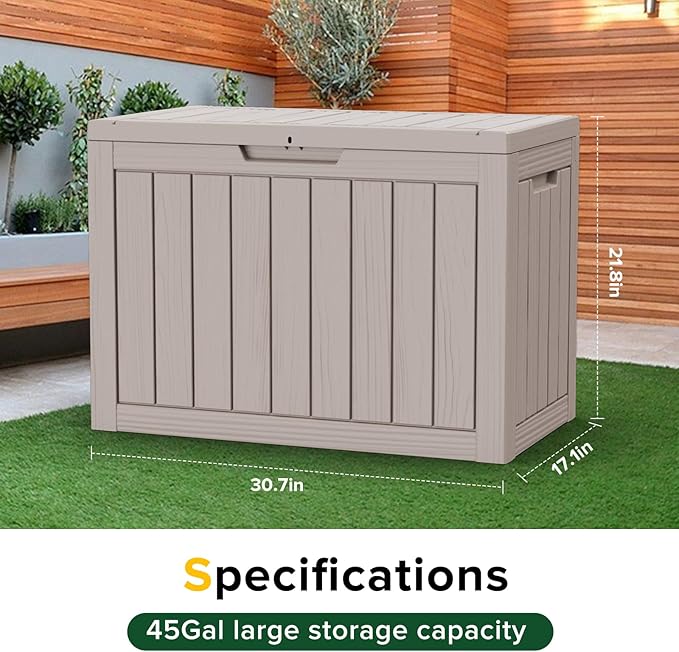 DRATO 45 Gallon Deck Box, Outdoor Storage Box for Patio Furniture, Patio Cushions, Gardening Tools, Pool Supplies 480lbs Weight Capacity,Waterproof Resin Storage Boxes（Grey，45 Gallon）