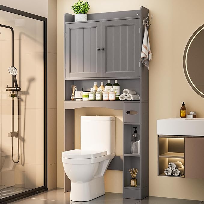 Ahomly Over The Toilet Storage Cabinet, 32.3" W Over Toilet Bathroom Organizer with Doors, Adjustable Shelves, Toilet Paper Holder, 2 Side Hooks, Space-Saver for Bathroom, Laundry, Grey