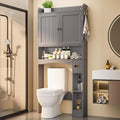 Ahomly Over The Toilet Storage Cabinet, 32.3" W Over Toilet Bathroom Organizer with Doors, Adjustable Shelves, Toilet Paper Holder, 2 Side Hooks, Space-Saver for Bathroom, Laundry, Grey