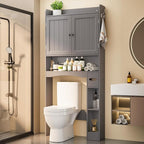 Ahomly Over The Toilet Storage Cabinet, 32.3" W Over Toilet Bathroom Organizer with Doors, Adjustable Shelves, Toilet Paper Holder, 2 Side Hooks, Space-Saver for Bathroom, Laundry, Grey