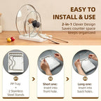 2 in 1 Pot Lid Holder & Spoon Rest for Kitchen Counter, Plastic Utensil Rest with Stainless Steel Pan Lid Holder Organizer While Cooking, Countertop Space Saving Pot Cover Rack | Easy to Clean