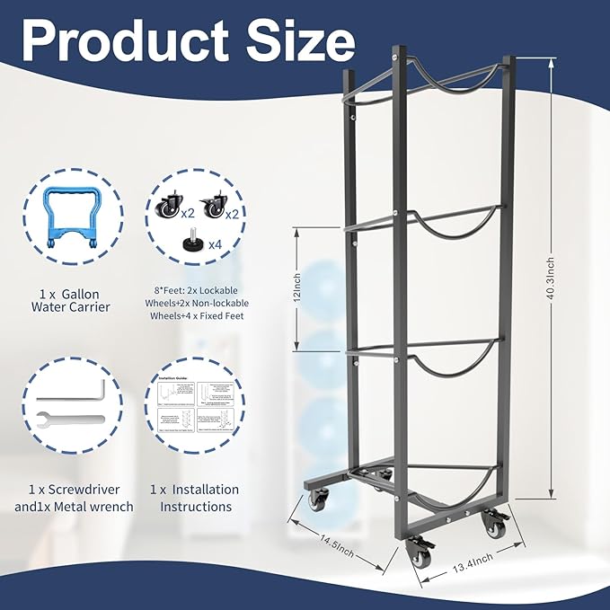 5 Gallon Water Jug Holder with 4 Wheels 4 Tier 5 Gal Water Bottle Storage Rack Stand for Home Kitchen Office Gym Garage
