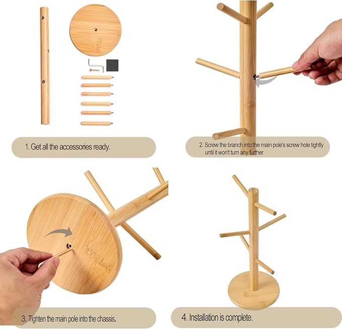 Bamboo Mug Tree for Counter, 6 Hooks Detachable Coffee Mug Holder, Decorative Mug Racks for Coffee Bar Organizer