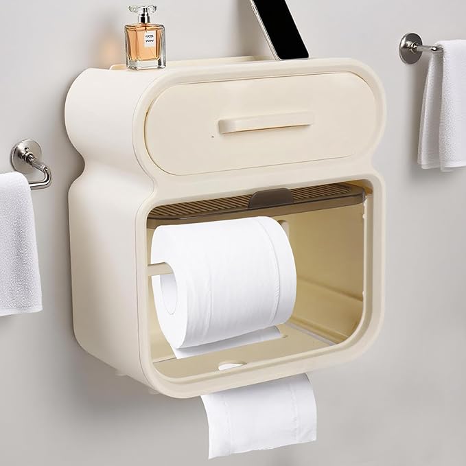 Homol No Drill Plastic Toilet Paper Holder Collection - Universal for Kitchen, Living Room, Office & Bathroom | Free-Standing, Wall-Mounted, Adhesive (with Shelf/Storage Function)
