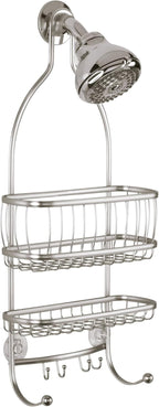 iDesign York Metal Wire Hanging Shower Caddy, Extra Wide Space for Shampoo, Conditioner, and Soap with Hooks for Razors, Towels, and More, 9.75" x 4" x 22", Satin Silver