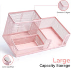 M&G Mesh Pen Holder Desk Organizers Pencil Holder for Desk Pink, 3 Compartments Metal Office Supply Organizer with Sticky Notes Holder for Home Office