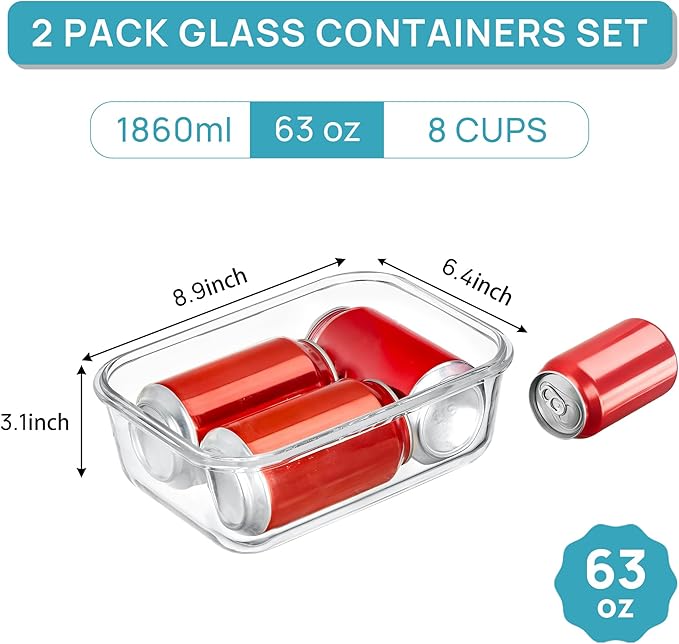 Vtopmart 2Pack 1860ml/63oz Large Glass Storage Containers with Lids, Meal Prep Food Container Set with Snap Airtight Lid for Baking, Microwave, Oven, Leak Proof, for Freezer, Dishwasher, Grey