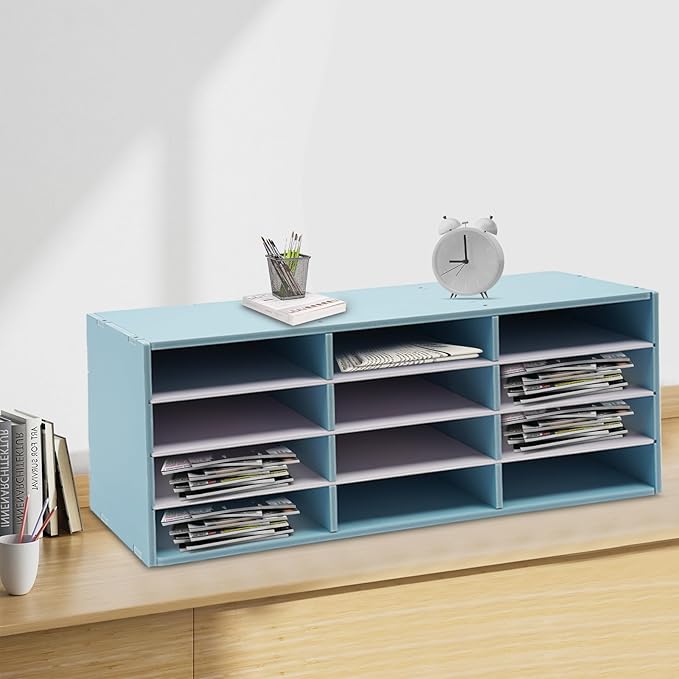 Paper Organizer for Desk, 12 Compartments Desktop Literature Organizer with Adjustable Shelves, File Sorter Mail Center, Stackable Paper Sorter Organizer for Home, Office, Classroom