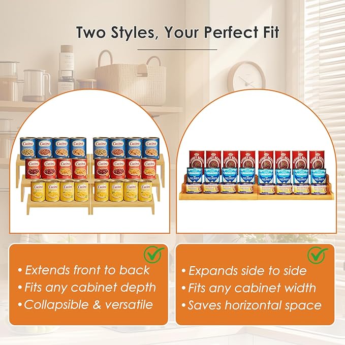 2 Sets Bamboo Can Organizer for Pantry, 3-Tier 6-Piece Adjustable Cabinet Can Display Rack, Soda Can Organizer Holds Up to 31 Cans, Canned Goods Storage Holder for Pantry, Cabinet, Countertop
