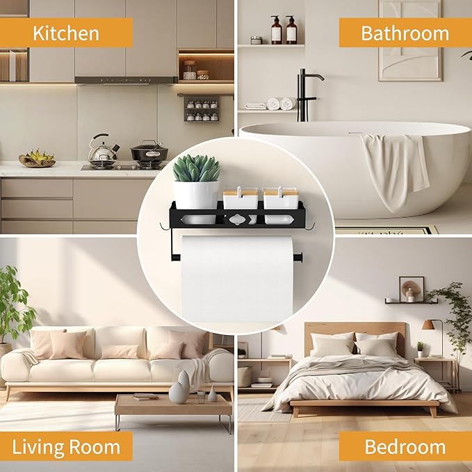 Paper Towel Holder Wall Mount for Kitchen, Easy One-handed Operation Design, Self Adhesive Paper Towel Holder with Shelf for Bathroom, RV Paper Towel Rack Paper Roll Holder with 2 Hooks, Black