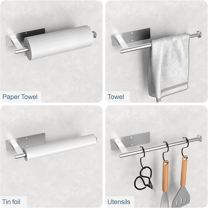 Paper Towel Holder Under Cabinet, Upgraded Adhesive Paper Towel Holder Wall Mount for Kitchen, Bathroom, RV, Bend-Resistant, Self-Adhesive or Drill mounting, Stainless Steel, Silver