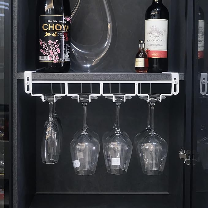 Adjustable Under Cabinet Stemware Holder - Metal Wine Glass Hanger Organizer for Kitchen, Bar, Shelf - Rustproof Hanging Storage Rack for 6-8 Glasses - Space Saving Decor (White, 4 Rows)