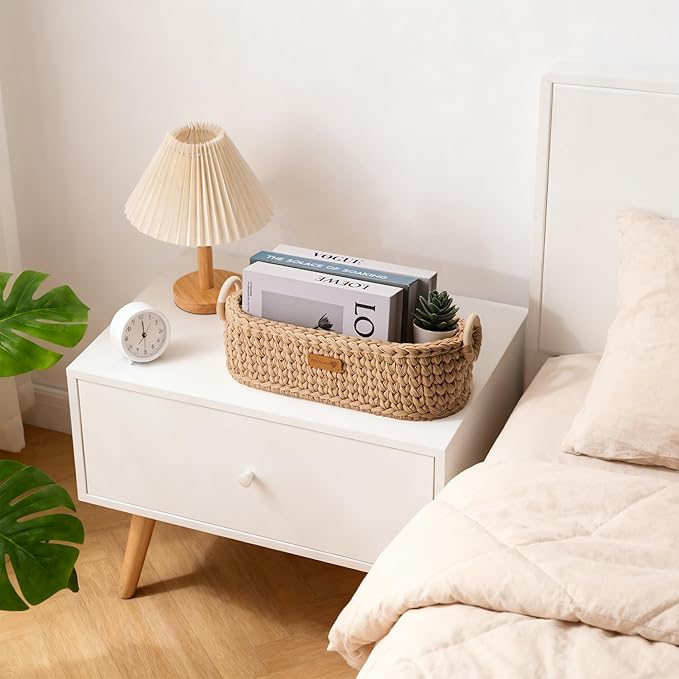 Handwoven Toilet Paper Storage Basket with Wooden Base & Handles - Boho Modern Decor Organizer for Bathroom, Bedroom, Nursery Shelf (Brown)