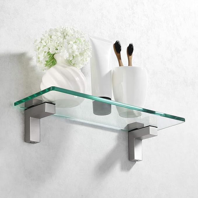 KES Bathroom Shelf, Tempered Glass Shelf 14 Inch 8MM-Thick Wall Mount Rectangular, Brushed Nickel Bracket, BGS3201S35-2