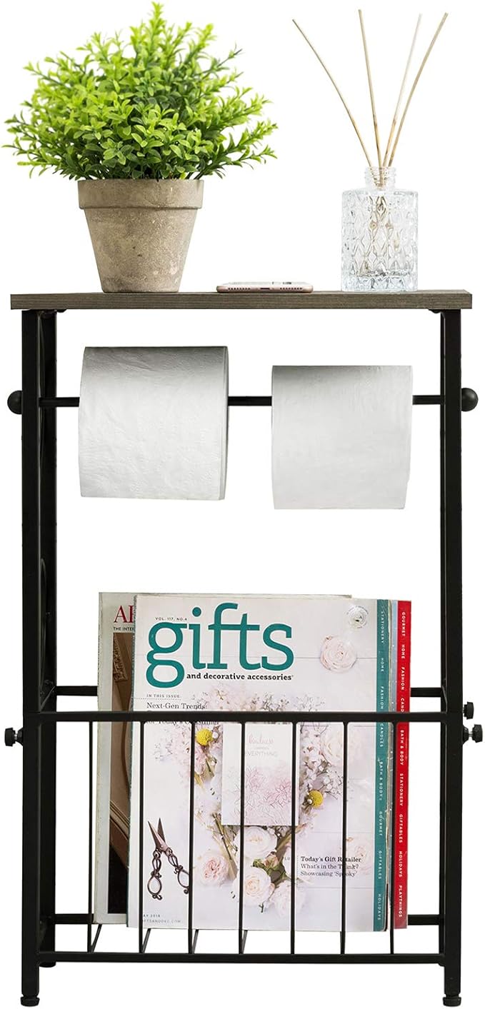 MyGift Scrollwork Black Metal Toilet Paper Roll Holder and Magazine Rack Stand with Gray Solid Wood Display Shelf