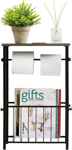 MyGift Scrollwork Black Metal Toilet Paper Roll Holder and Magazine Rack Stand with Gray Solid Wood Display Shelf