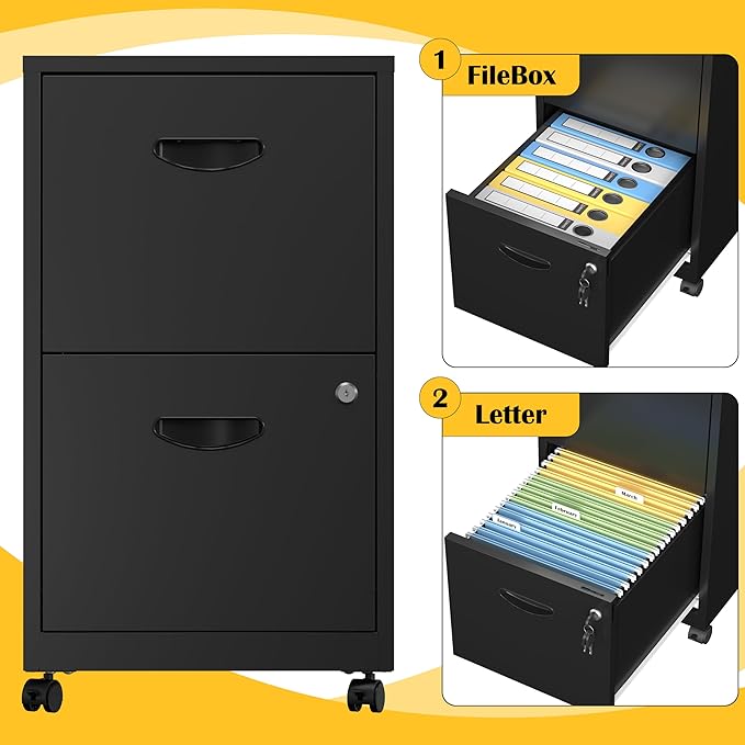 2 Drawer File Cabinet with Lock，Black Rolling File Cabinet for Home Office, Metal Small Mobile Filing Cabinets on Wheels for Hanging Letter