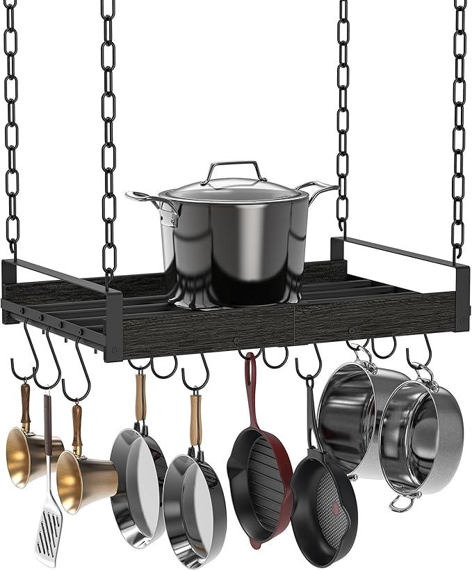 Hanging Pot Rack, 24x13 Inches Pot Hangers for Kitchen, Pan Hanging Rack with 12 S-Shaped Hooks, Vintage Ceiling Mounted Pan Holder for Cookware Storage, Charcoal Grey