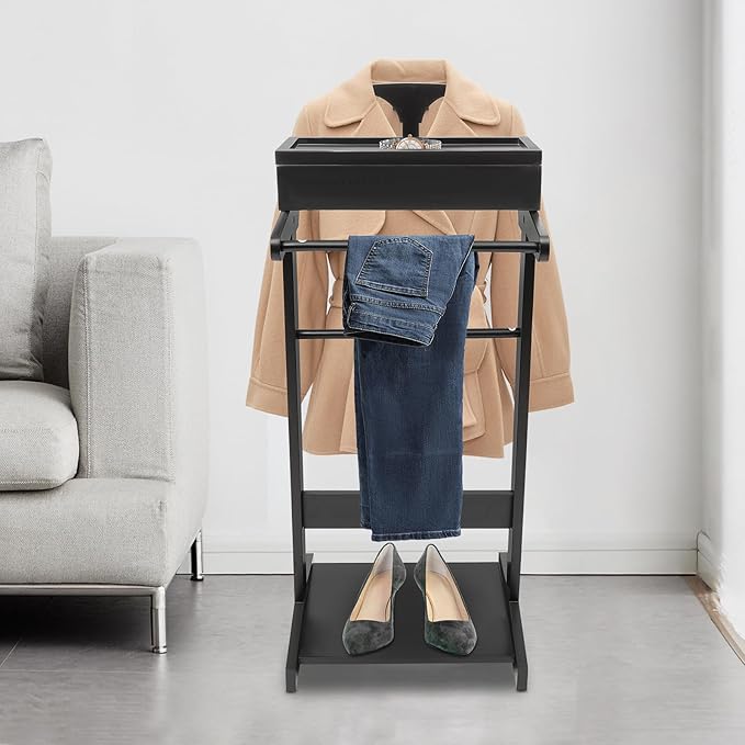 Valet Stand for Men, Wood Suit Valet Stand with Drawer for Women Wood Clothing valet stand with Top Tray, Contour Hanger, Trouser Bar and Shoe Rack Organizer