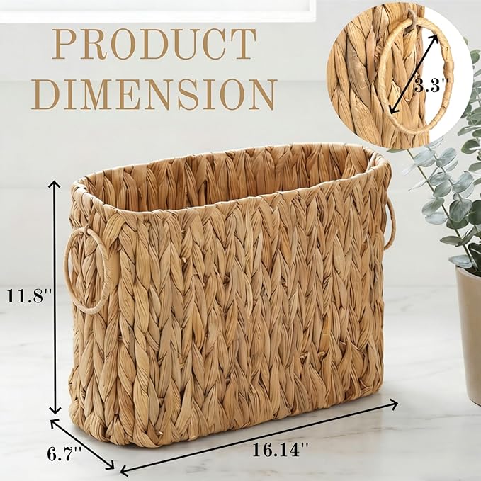 Toilet Paper Storage, Handwoven Toilet Paper Baskets with Handle for 9 Standard Rolls, Large Water Hyacinth Magazine Holder Narrow Wicker Trash Can for Bathroom Accessories