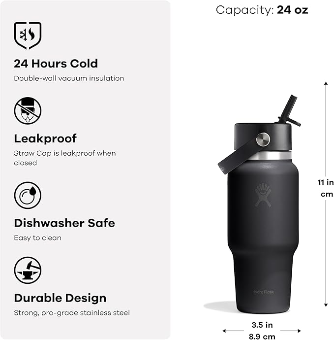 Hydro Flask Travel Water Bottle - Insulated Stainless Steel - Wide Straw Lid, Non Spill, Leakproof in 24 Oz Tonal White