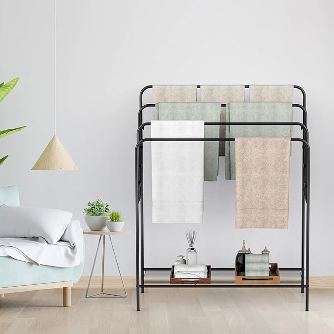 44" Extra Large Free Standing Towel Rack - 4 Tier Outdoor Pool Towel Holder, Versatile Blanket and Quilt Rack Stand for Living Room, Bathroom, Bedroom, Beach, Hot Tub, Gym and Pool Area Outside