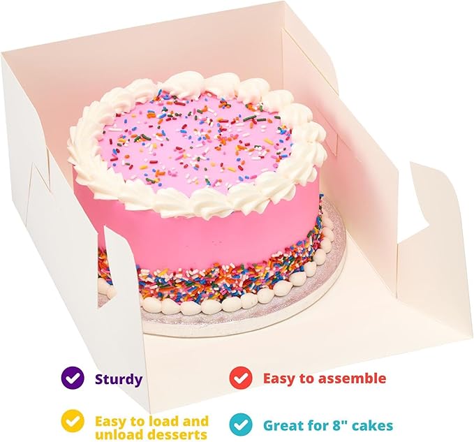 DecoPac 10" Round Silver Cake Drum Board & White Cake Box Combo, 10 Inch Square Bakery Box and Matching Cake Circle Set For Dessert, Pie, And Cookie Transport