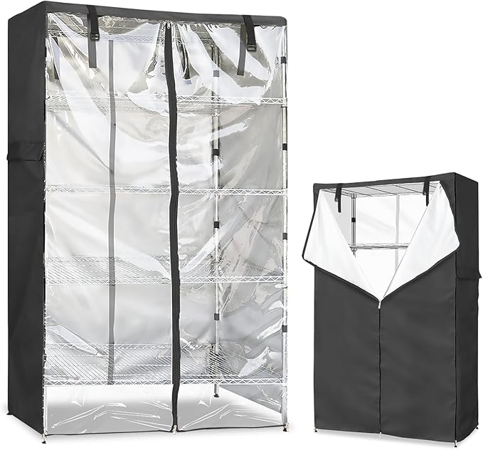 Wire Rack Covers,Heavy Duty 600D Dustproof Waterproof Storage Rack Covers for Metal Shelves,Storage Shelf Cover with Zipper for Wire Shlef,48''W x 24''D x 71''H,Black with Clear Front