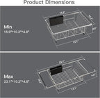 Over the Sink Expandable Dish Drainer Drying Rack In Stainless Steel for Small Kitchen, Counter Space Saving Modern Compact Metal Above Plate Dryer Strainer, Adjustable Hanging Inside Drain Holder