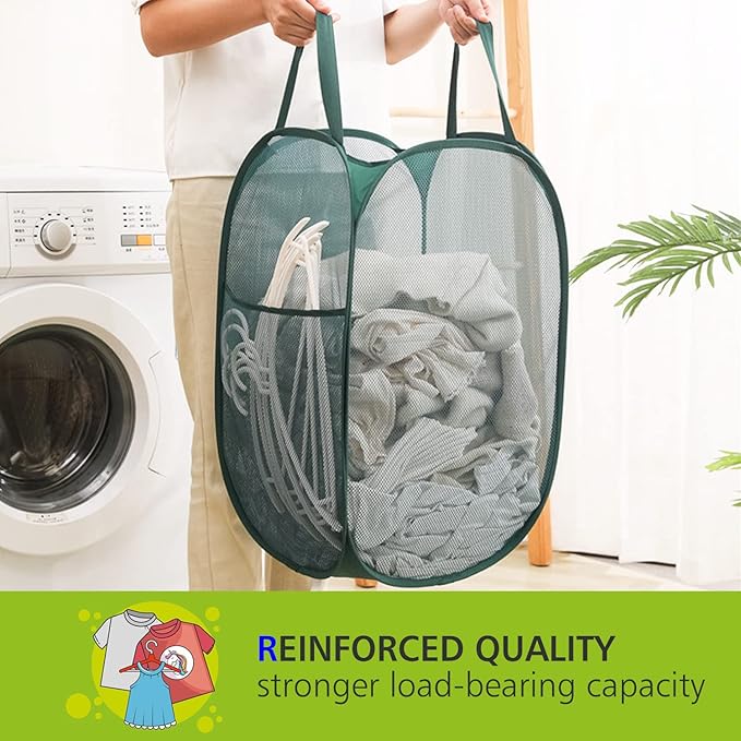 HONOMA Sturdy Mesh Laundry Hamper Basket Bag,Pop up Basket with Side Pocket for Laundry Room, Bathroom, Kids Room, College Dorm or Travel (Pop Vertical, Navy Blue)
