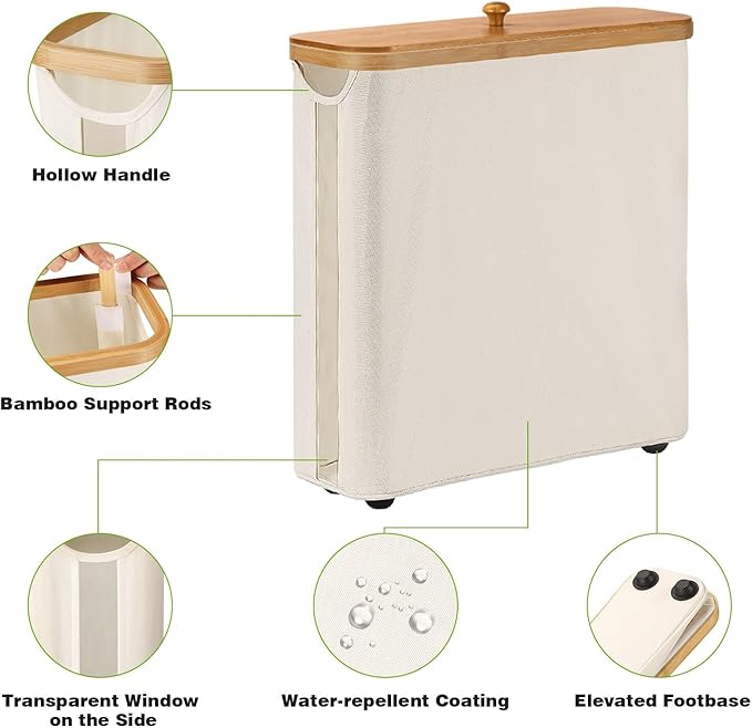 Toilet Paper Storage Basket with Bamboo Lid, Large Storage for Up to 9 Mega Rolls or 12 Regular Rolls, Toilet Paper Organizer for Bathroom (Beige)