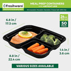 Freshware Meal Prep Containers [50 Pack] 3 Compartment Food Storage Containers with Lids, Bento Box, BPA Free, Stackable, Microwave/Dishwasher/Freezer Safe (24 oz)