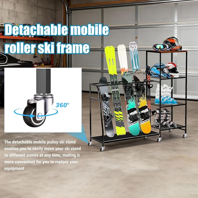 Heavy-Duty Freestanding Snowboard Rack & Snowboard Storage Rack with Wheels – Holds 4 Pairs of Skis, 3 Snowboards, Boots, Poles, Helmets & More Ski Sports Equipment – Ideal for Garage, Basement, Shed