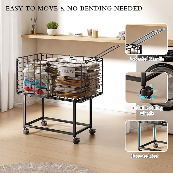Rolling Laundry Cart, 80L Wire Laundry Hamper Basket on Wheels, Dirty Clothes Basket with Handle, Metal Clothes Hamper Organizer for Laundry Room, Bathroom, Bedroom, Dorm, Black