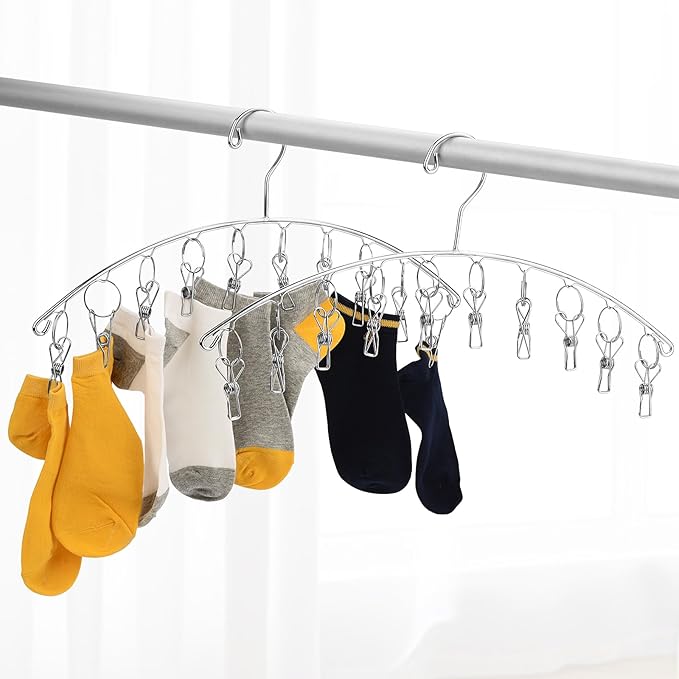 Toplife Clothes Hanger with 10 Clips, Stainless Steel, Windproof, for Drying Socks, Bras, Underwears, Baby Clothes, Hats, Scarfs, Towels, Pants and Gloves, Set of 4 (Indoors)