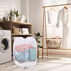 BATTOO Deluxe Strong Mesh Pop up Laundry Hamper Basket with Side Pocket Foldable Hamper for Laundry Room, Bathroom, Kids Room, College Dorm or Travel White + White