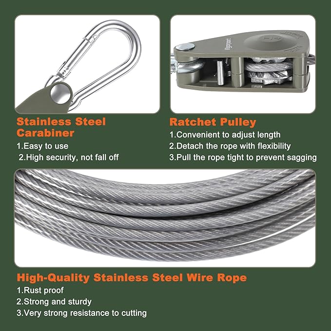 Vigorport Outdoor Retractable Clothesline, Portable Travel Clothes Line, Heavy Duty Rope Pully System with Metal Carabiner & Nylon Coating Wire Ropes for Camping, RV, Backyard（40Ft）