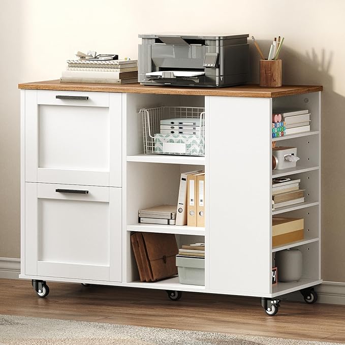 Lateral File Cabinet, Printer Stand with File Drawers and Open Shelves, 2-Drawer Mobile Lateral Filing Cabinet with Locking Casters, for Home Office Storage, Walnut and White