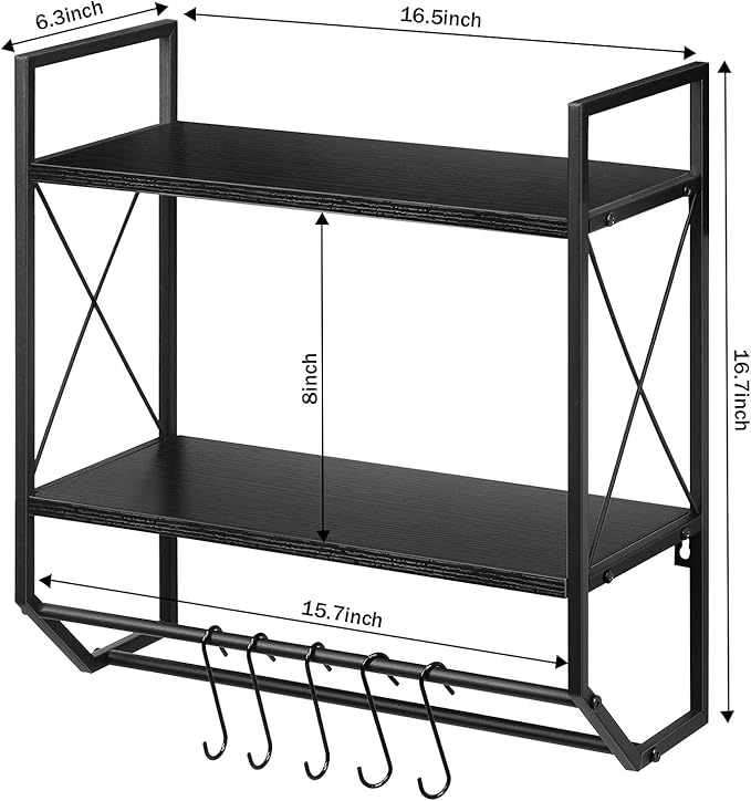 Bath Towel Shelf 2 Tier Towel Rack Wall Mount Towel Holder with Shelf Bathroom Shelves with Towel Bar and Hooks Industrial Wall Shelf Over Toilet for Towel Tissue Storage Organizer, Modern Black
