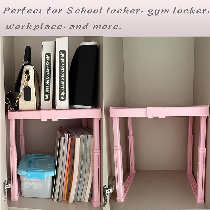 Locker Shelf Adjustable Height and Width, Pink Locker Organizer for Work, Locker Shelves for School Locker, Stack-able Locker Stand Tools for Gym Locker, Locker Accessories Stuff, Pack of 2